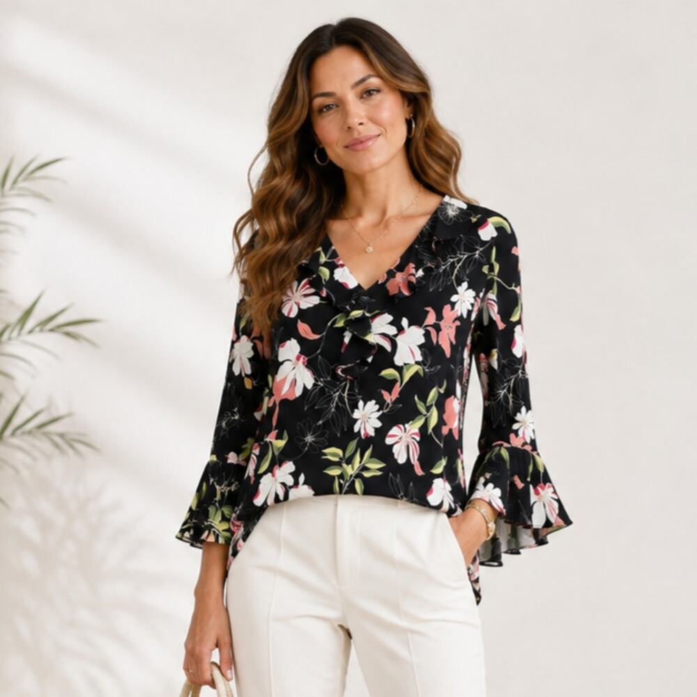 Susan Graver Liquid Knit Blouse Women's Size 2X Bell Sleeve Black Floral Boho - Picture 1 of 10